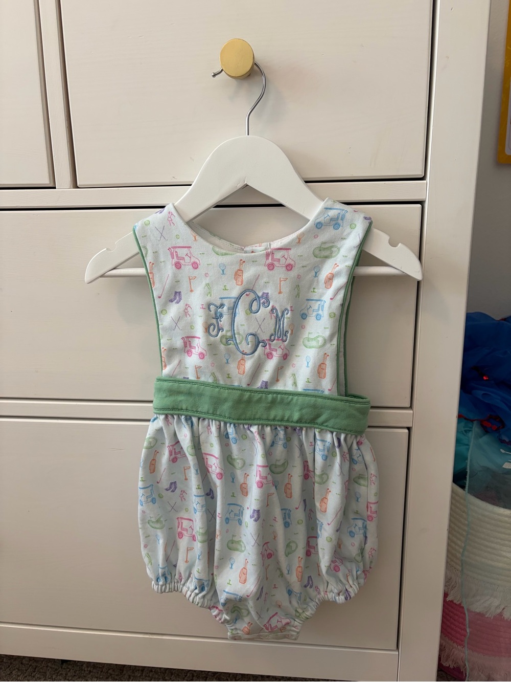Smockingbird **Monogrammed Golf Print Bubble Romper 24 Months